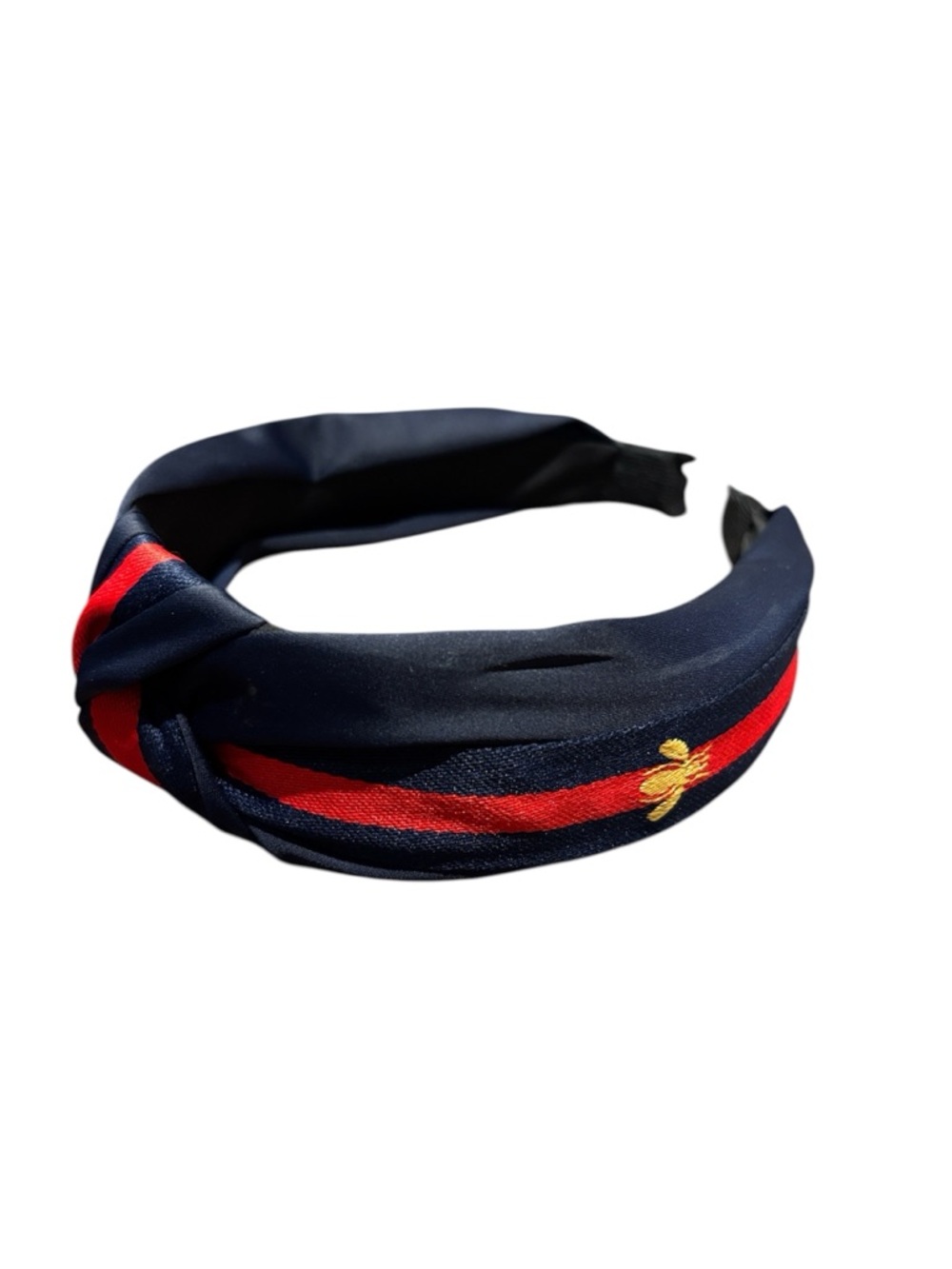 Navy Knot Headband with Red Stripe and Gold Bee Accent